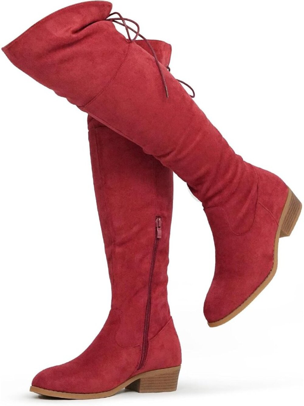 Women's Red Faux Suede Low Flat Heel Over The Knee Thigh High Fashion Boots